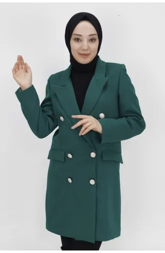 جاكيت بليزر بياقة مزدوجة وتفاصيل جيوب وهمية 2401-03 لون أخضر 2401-03