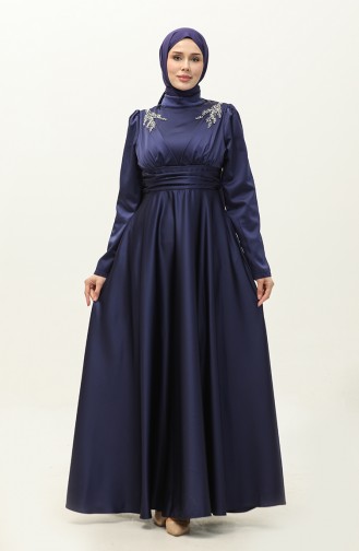 Satin Evening Dress 52880-01 Navy Blue 52880-01