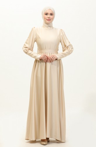 Ruffled Satin Evening Dress 6080-10 Light Beige 6080-10