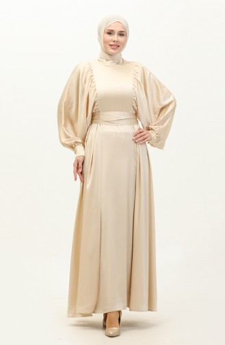 Balloon Sleeve Satin Evening Dress 6176-13 Light Beige 6176-13