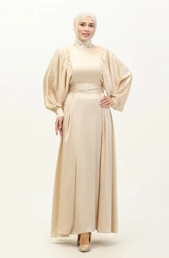 Robe De Soirée Satin Manches Ballon 6176-13 Beige Clair 6176-13
