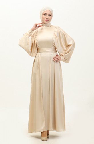 Balloon Sleeve Satin Evening Dress 6176-13 Light Beige 6176-13