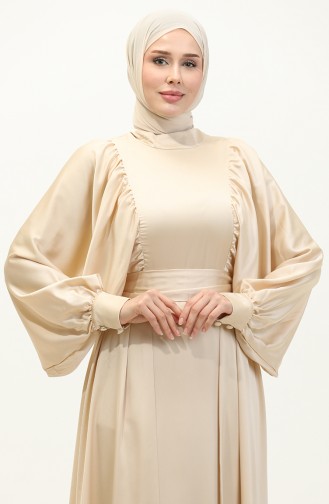 Robe De Soirée Satin Manches Ballon 6176-13 Beige Clair 6176-13