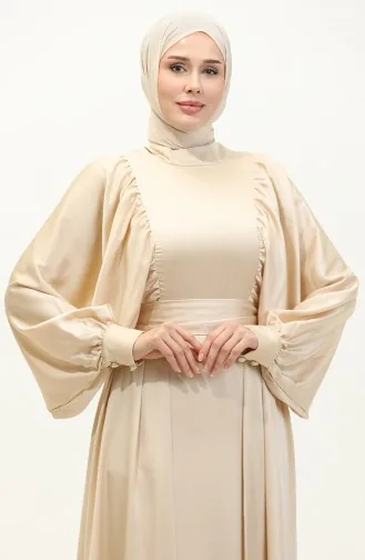 Robe De Soirée Satin Manches Ballon 6176-13 Beige Clair 6176-13