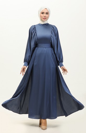 Balloon Sleeve Satin Evening Dress 6176-14 Dark İndigo 6176-14