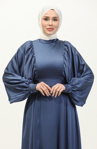 Robe De Soirée Satin Manches Ballon 6176-14 Indigo Foncé 6176-14