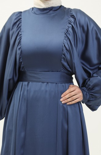 Robe De Soirée Satin Manches Ballon 6176-14 Indigo Foncé 6176-14