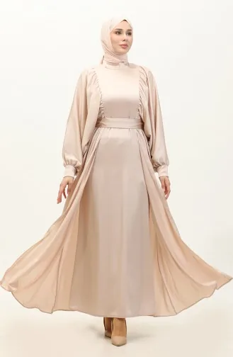 فستان سهرة ساتان بأكمام بالون 6176-15 بودرا فاتح 6176-15