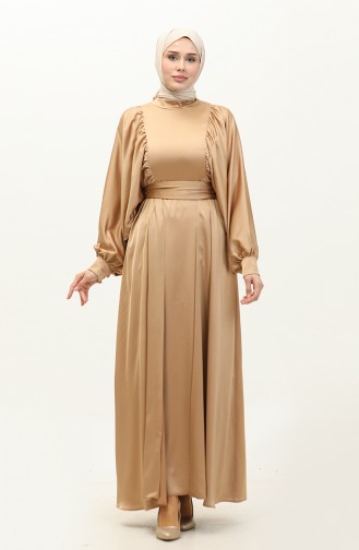 Balloon Sleeve Satin Evening Dress 6176-16 Caramel 6176-16