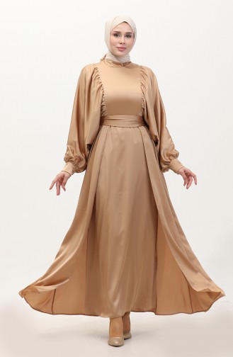 Balloon Sleeve Satin Evening Dress 6176-16 Caramel 6176-16