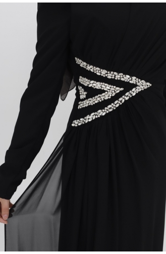 Robe De Soirée Brodée Pierre à Taille En Mousseline De Soie 4532-01 Noir 4532-01