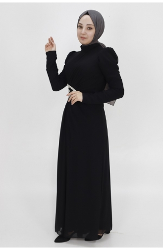 Robe De Soirée Brodée Pierre à Taille En Mousseline De Soie 4532-01 Noir 4532-01