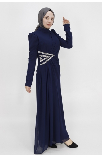 فستان سهرة مصنوع من قماش الشيفون مع تفاصيل مُطرزة بالأحجار 4532-03 لون كحلي 4532-03