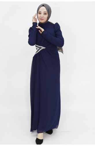 فستان سهرة مصنوع من قماش الشيفون مع تفاصيل مُطرزة بالأحجار 4532-03 لون كحلي 4532-03