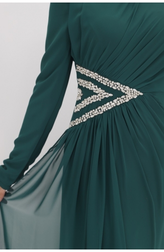 Chiffon Fabric Evening Dress With Stone Embroidered Waist 4532-04 Emerald Green 4532-04