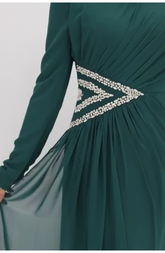 Robe De Soirée Tissu Mousseline Avec Taille Brodée En Pierre 4532-04 Vert Emeraude 4532-04