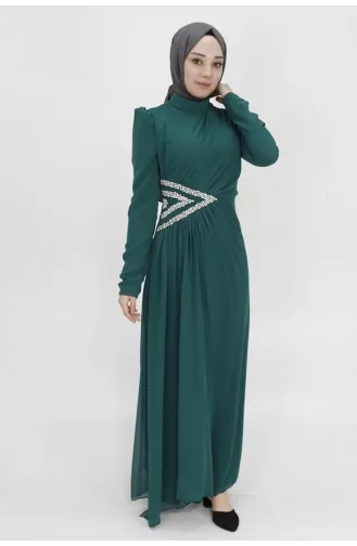 Robe De Soirée Tissu Mousseline Avec Taille Brodée En Pierre 4532-04 Vert Emeraude 4532-04