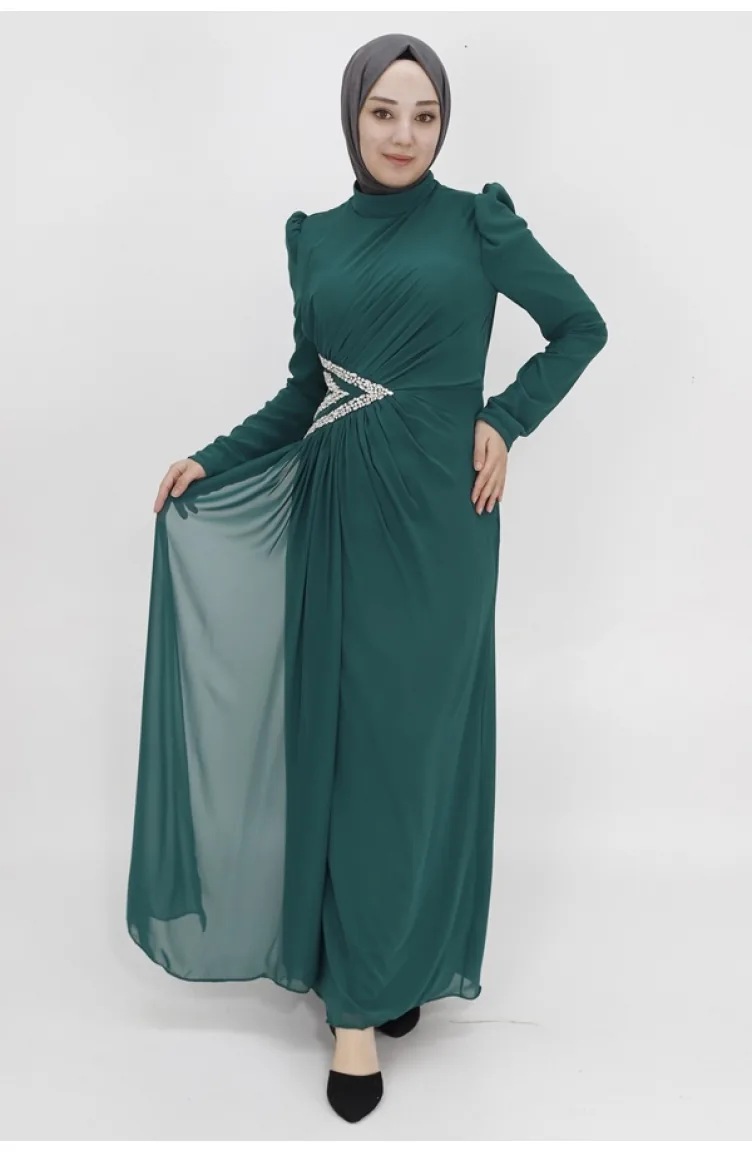 Robe De Soirée Tissu Mousseline Avec Taille Brodée En Pierre 4532-04 Vert Emeraude 4532-04