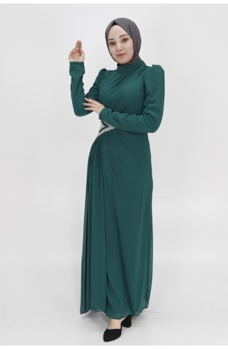 Chiffon Fabric Evening Dress With Stone Embroidered Waist 4532-04 Emerald Green 4532-04