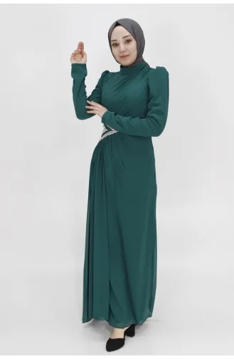 Robe De Soirée Tissu Mousseline Avec Taille Brodée En Pierre 4532-04 Vert Emeraude 4532-04