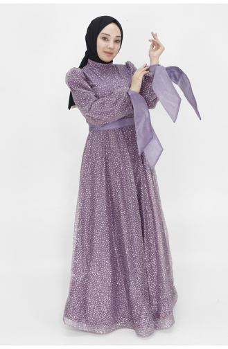 Stone Embroidered And Belted Evening Dress 4530-02 Lilac 4530-02