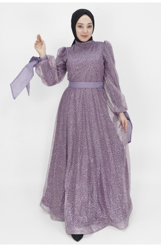Stone Embroidered And Belted Evening Dress 4530-02 Lilac 4530-02