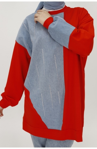 2 String Fabric Sweatshirt With Stone Stripes And Denim Garnish 3188-01 Orange 3188-01