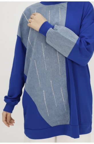 2 String Fabric Sweatshirt With Stone Stripes And Denim Garnish 3188-02 Saks 3188-02