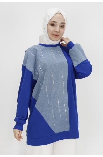 2 String Fabric Sweatshirt With Stone Stripes And Denim Garnish 3188-02 Saks 3188-02