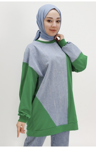2 String Fabric Sweatshirt With Stone Stripes And Denim Garnish 3188-03 Green 3188-03