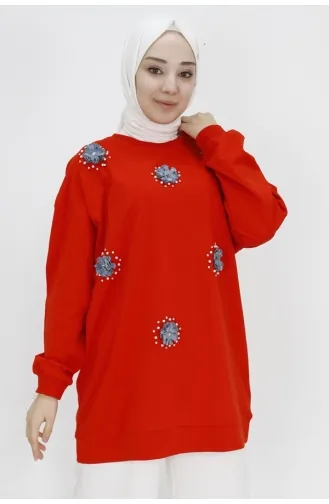 Stone And Bead Detailed 2 String Fabric Sweatshirt 20003-01 Orange 20003-01