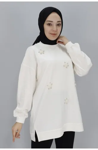 Sweat Tissu à 2 Cordons Détail Pierre Et Perle 20001-02 Ecru 20001-02