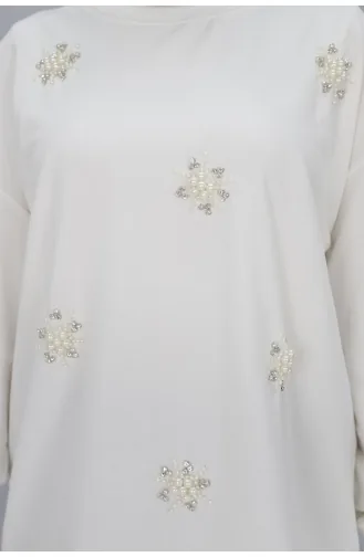 Sweat Tissu à 2 Cordons Détail Pierre Et Perle 20001-02 Ecru 20001-02