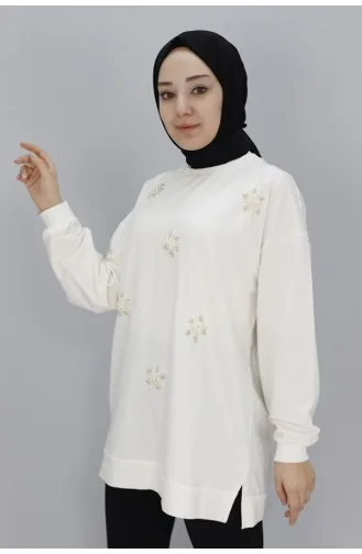 Sweat Tissu à 2 Cordons Détail Pierre Et Perle 20001-02 Ecru 20001-02