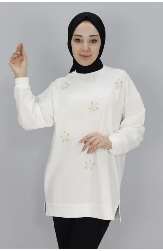 Sweat Tissu à 2 Cordons Détail Pierre Et Perle 20001-02 Ecru 20001-02