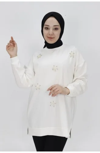 Sweat Tissu à 2 Cordons Détail Pierre Et Perle 20001-02 Ecru 20001-02