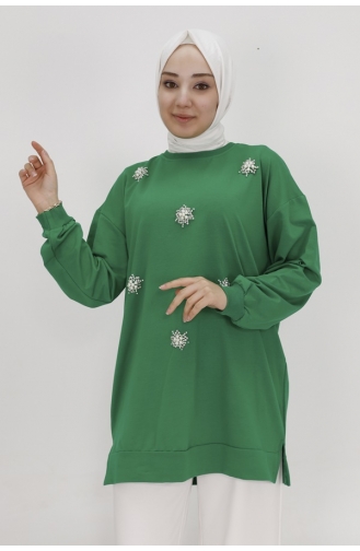 Taş Ve İnci Detayli 2ip Kumaş Sweatshirt 20001-04 Yeşil