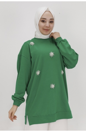 Taş Ve İnci Detayli 2ip Kumaş Sweatshirt 20001-04 Yeşil