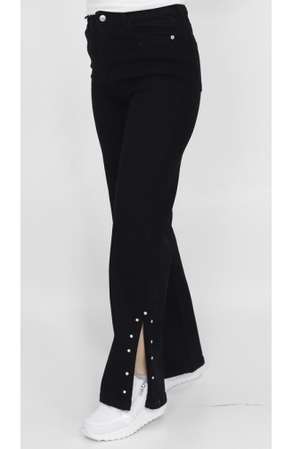 Schlitz- Und Steindetail-Jeans Mit Weitem Bein 1420-01 Schwarz 1420-01