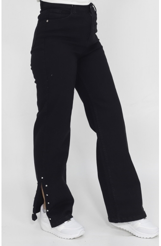 Yirtmaç Ve Taş Detayli Geniş Paça Kot Pantolon 1420-01 Siyah