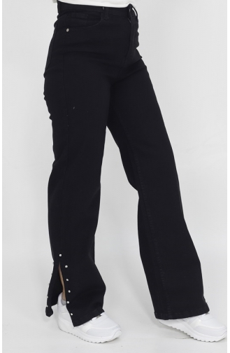 Schlitz- Und Steindetail-Jeans Mit Weitem Bein 1420-01 Schwarz 1420-01