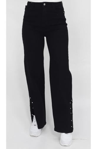 Schlitz- Und Steindetail-Jeans Mit Weitem Bein 1420-01 Schwarz 1420-01