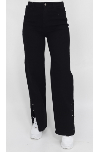 Slit And Stone Detailed Wide Leg Jeans 1420-01 Black 1420-01