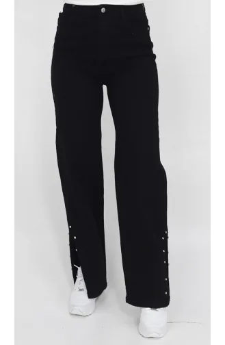 Slit And Stone Detailed Wide Leg Jeans 1420-01 Black 1420-01