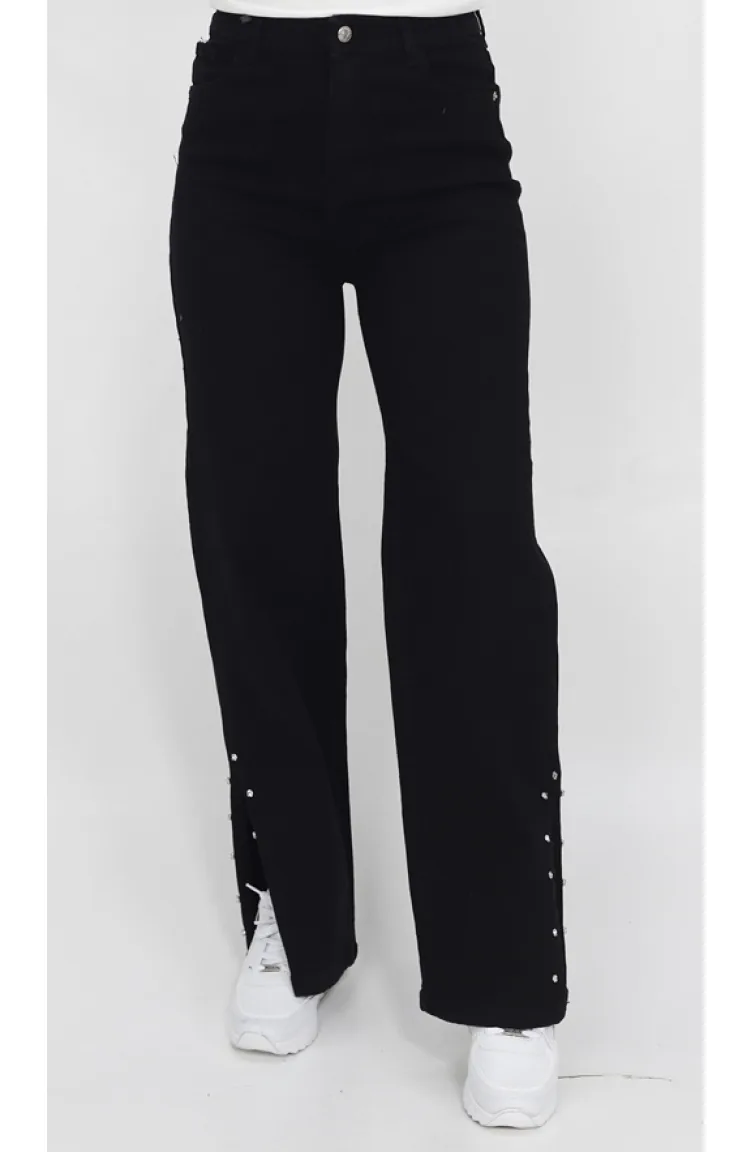Slit And Stone Detailed Wide Leg Jeans 1420-01 Black 1420-01