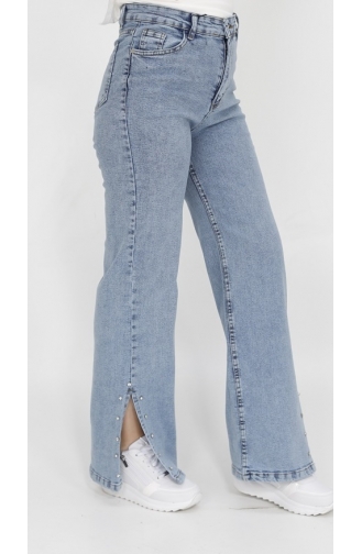 Jeans Met Split En Stenen Gedetailleerde Wijde Pijpen 1420-02 Ijsblauw 1420-02