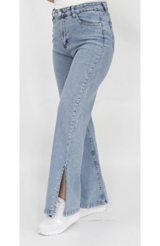 Slit And Stone Detailed Wide Leg Jeans 1420-02 Ice Blue 1420-02