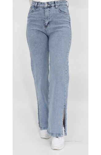 Slit And Stone Detailed Wide Leg Jeans 1420-02 Ice Blue 1420-02