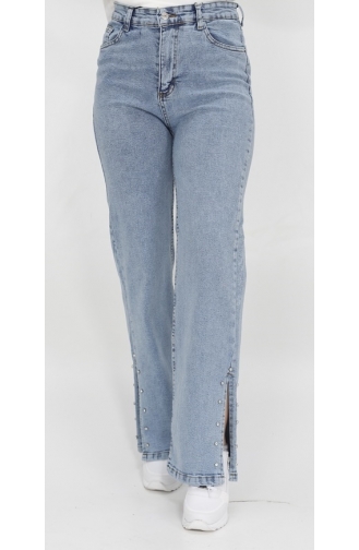 Jeans Met Split En Stenen Gedetailleerde Wijde Pijpen 1420-02 Ijsblauw 1420-02