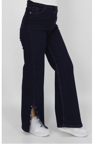 Denim Broek Met Split En Stenen Gedetailleerde Wijde Pijpen 1420-03 Donker Denimblauw 1420-03